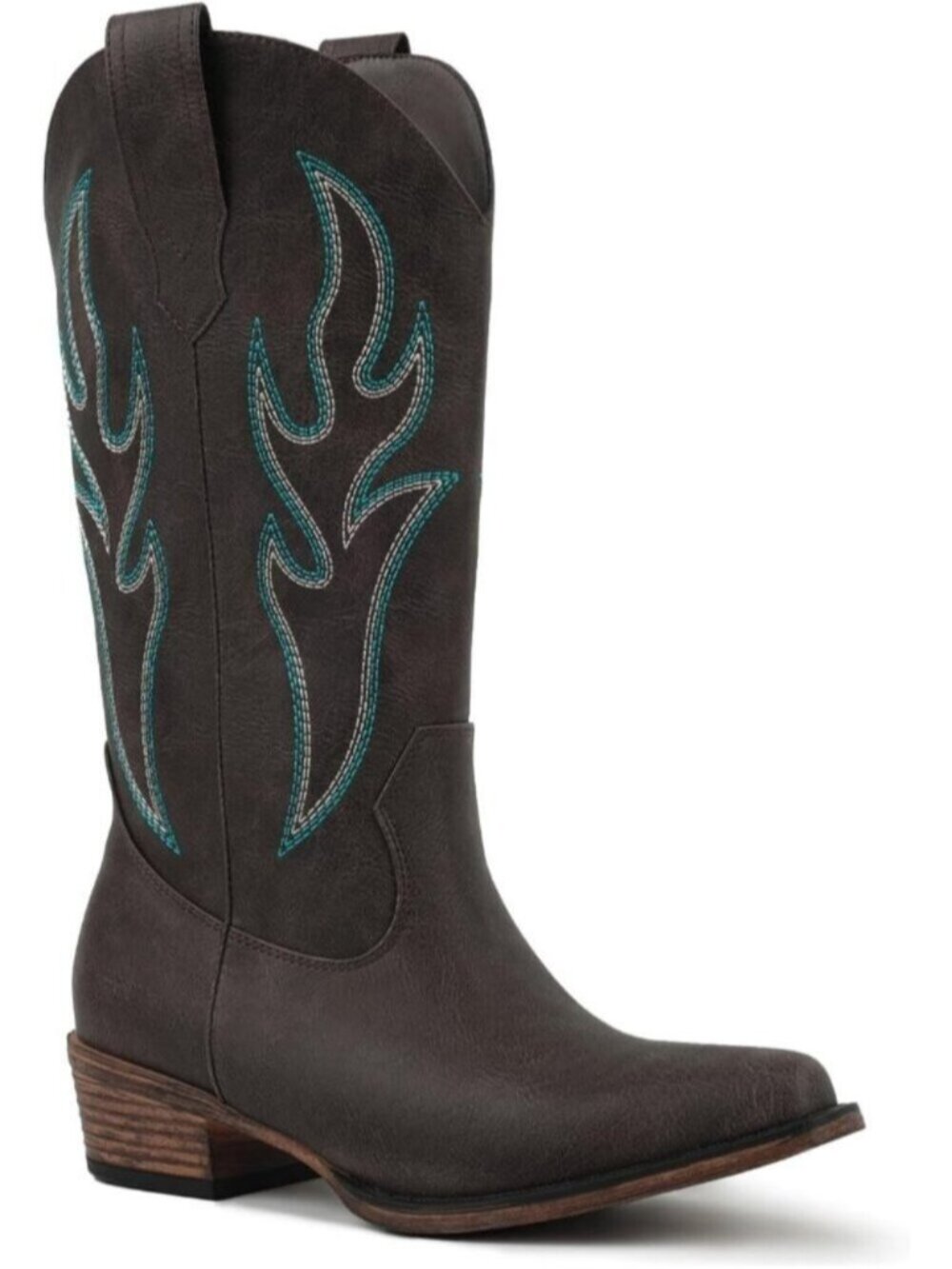 Women's Brown Embroidered Square Toe Mid Calf Chunky Heel Western Cowgirl Boots